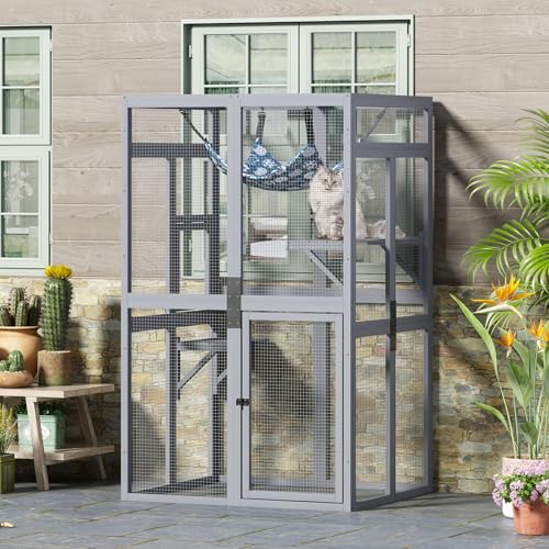 Image of Wooden Outdoor Cat Catio Enclosure with Platforms and Hammock Gray