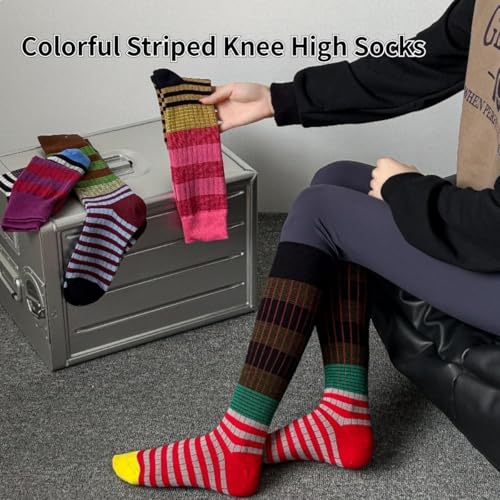 Retro Style Colorful Striped Knee High Socks for Women Soft Cotton Stockings for Sports and Daily Wear2