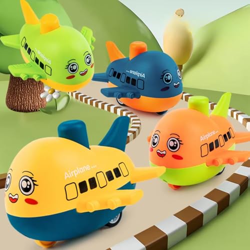 Image of Crackles Press & Go Friction Powered Cartoon Airplane Toy for Babies 6 Months+ - Pack of 2 Crawling Toys for Boys & Girls - Safe Lightweight Gift for Kids 1-5 Years - Multicolor