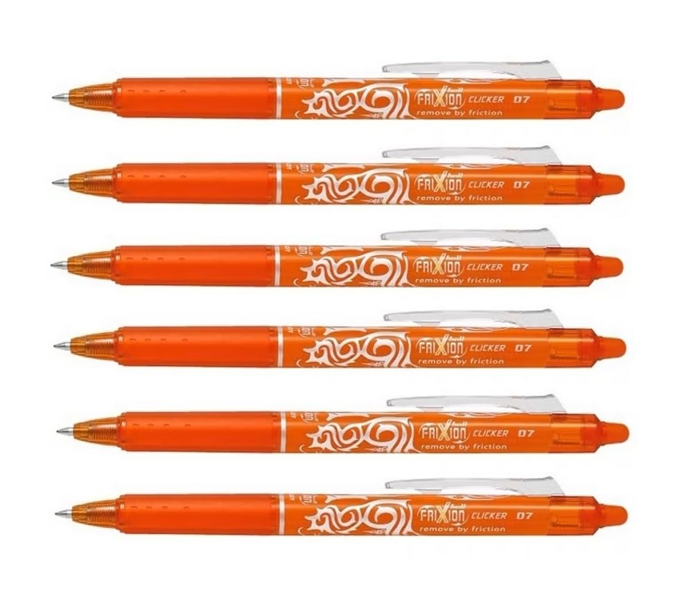 Pilot FriXion Clicker 0.7mm Tip Erasable Ink Gel Pen Tattoo Design Orange Ink - Set of 6 - Supplied Loose