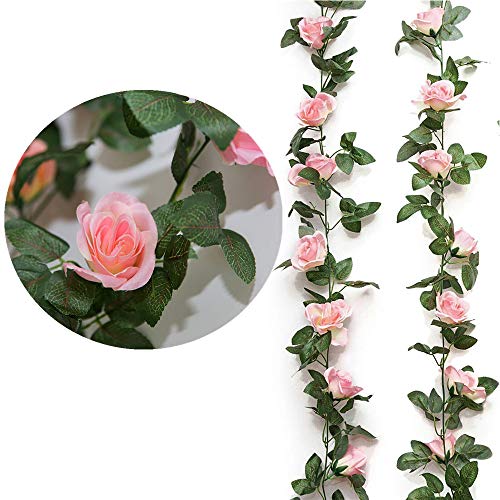 osymoker 16 Heads Silk Artificial Roses Garland Plant for Wreath Wedding Party Home Garden Arch Wall Decoration Pink 7.9 Ft X 2 Pcs