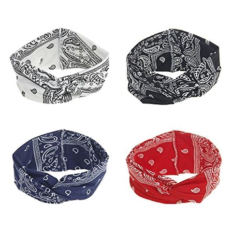 DINPREY Assorted Paisley Print Wide Bandana Knot Headbands Criss Cross Head Wrap Hair Band (4 Colors Pack A) Cover