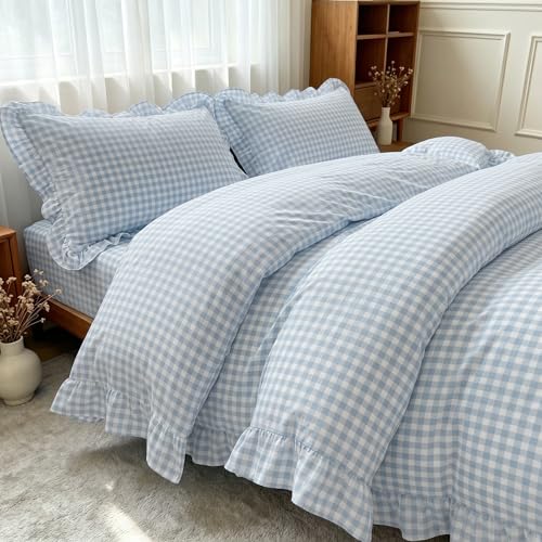 Image of Nayoroom Gingham Duvet Cover Queen Size Blue Ruffle Plaid Checkered Duvet Cover 3 Pieces Soft Washed Microfiber Vintage Farmhouse Dorm Bedding Set Gifts for Women Men