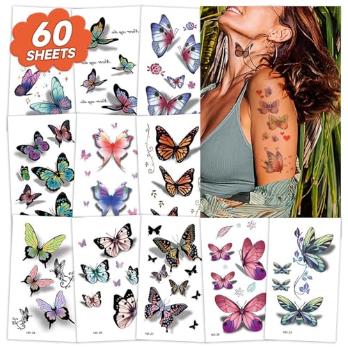 Más de 130 Estilos de Tatuajes 3D de Mariposa para Decoraciones de Cumpleaños, Tatuajes Temporales de Mariposa para Adultos, Decoraciones para Fiesta de Tema Mariposa para Mujeres (60 Hojas)