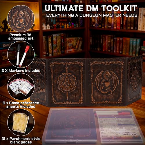 Mini DM Screen - Low-Profile, Portable 4-Panel Embossed Faux Leather Dungeon Master Screen with A6 Clear Pockets & Guide Inserts - Compact Travel GM Shield for Small-Table RPG Sessions