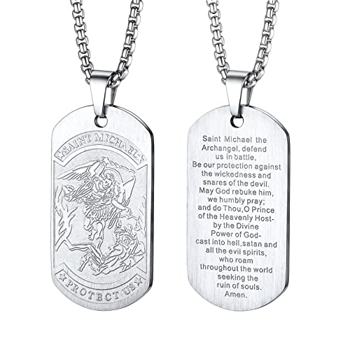 PROSTEEL Saint Michael Necklace for Men, St Michael Angel Pendant Chain, Personalised Engrave Custom Catholic Protection Jewellery Silver/Gold/Black (