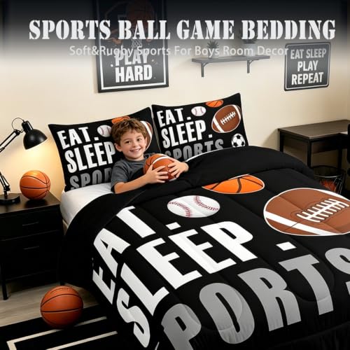 Image of Feelyou Twin Size Sports Comforter Set Boys Girls Bedding Set for Sports Lover Gift Ultra Soft Football Soccer Basketball Baseball Quilt Breathable Lightweight Microfiber Black Ball Game Room Decor