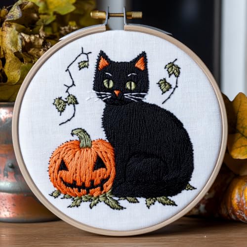 DIY Punch Needle Kits for Beginners Black Cat and Pumpkin with Hoop Embroidery Punch Needle Starter Set Easy for Adults and Kids Festival Gift and Decor 20x20cm