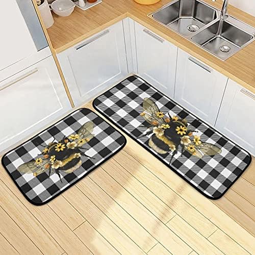 Bee Kitchen Rugs Set of 2 Anti Fatigue Buffalo Plaid