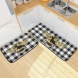 Bumblebee Kitchen Rugs Set of 2 Bee Anti Fatigue Black White Buffalo Plaid Kitchen Mats Non Slip Soft Absorbent Floor Mats Doormat Carpet Decor 20'x28'+20'x47'