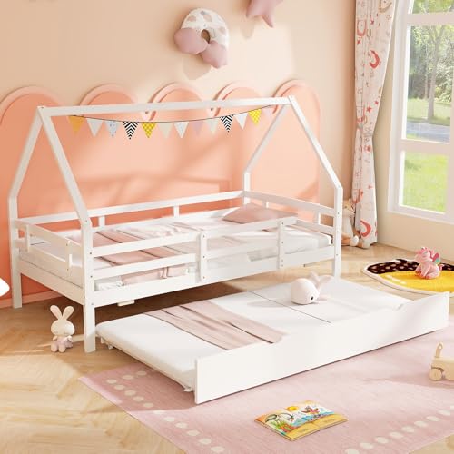 Giantex Twin House Bed with Trundle, Wood Kids Bed Frame with Roof & Fence Rails, Montessori Bed for Kids, Teens, Girls & Boys, No Box Spring Needed, White