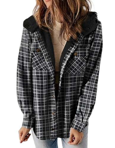 Hivebabe Flannel Fleece Lined Shirt, Fleece Hooded Jackets Warm Coat, Button up Plaid Shirt Jackets Warm Coat