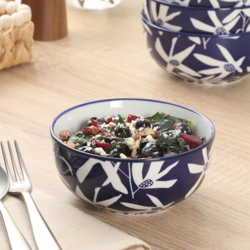 Image of Gibson Home Ivory Estate 4-Piece Cereal Bowl Set, 5.5 Inch Round Stoneware Bowls, Blue & White Floral Pattern, Assorted Decorative Designs