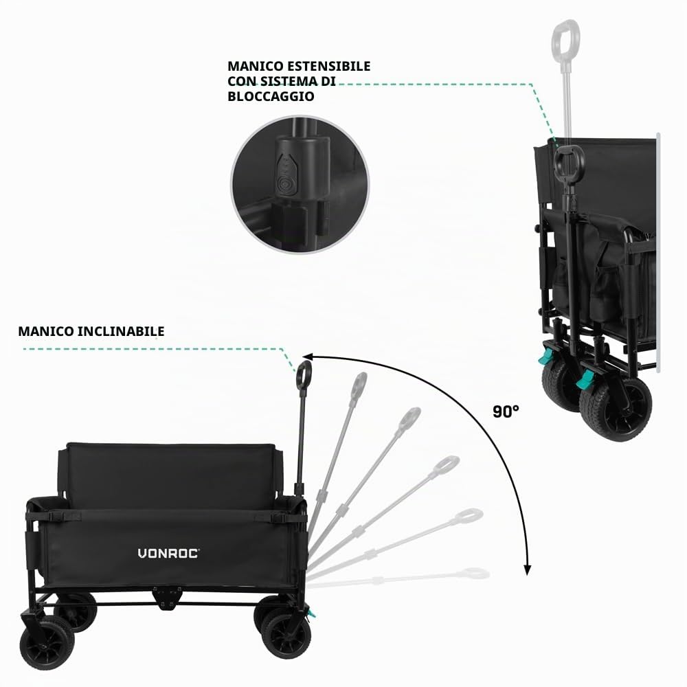 VONROC Carrello Pieghevole con Seduta 2-in-1 – Carrello da Giardino e Spiaggia – Portata 120kg – 115L – Ruote Anti-Foratura – Telaio in Acciaio – Richiudibile con Custodia – Nero