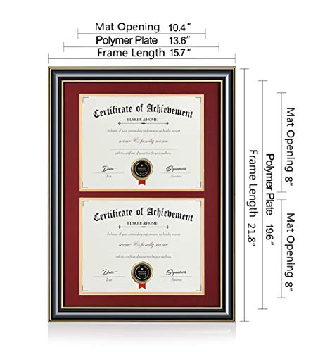 Image of ELSKER&HOME Double Diploma Frame for Two 8.5x11 with Red Mat,Wood Black | Made for Certificates&Document 13.5x20 Inch Without Mat for Documents Certificates (Double Mat, RED Mat with Golden Rim)