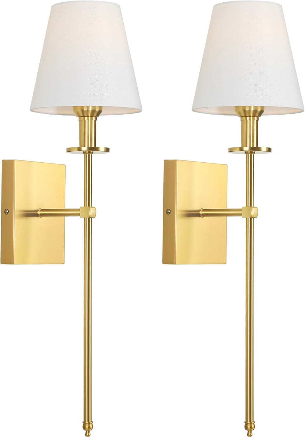 Set of 2 Gold Slim Wall Sconces with White Lampshade, Plug in or Hardwired Indoor Wall Light, Rustic Wall Mount Lantern Fixture Bedroom Brass Metal Stand Wall Lamp for Living Room Vanity Bathroom