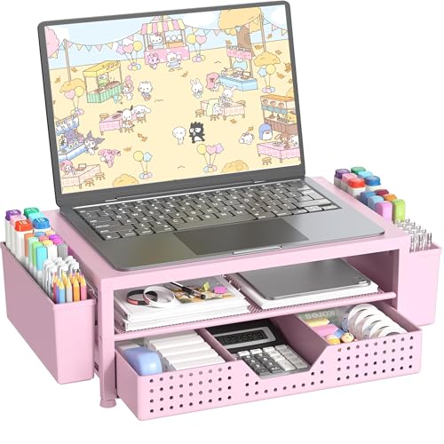 Image of OPNICE Laptop Stand for Desk Organizer and Accessories, 2-Tier Computer Monitor Stand Riser with Drawer and 2 Pen Holders, Ventilated Perforated Steel Top, Office Desk Accessories for Home Office Supplies, Pink