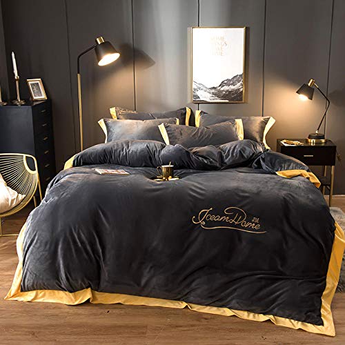 Geekcook Housse de Couette 2 Personnes,Nouveau Automne et Hiver Chaud Flanelle Corail Polaire Cristal Polaire Broderie Couleur Pure Simple Costume Quatre pièces-Gris foncé_2 mètres