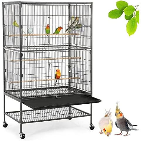 Yaheetech Vogelvoliere großer Vogelkäfig mit 2 Türen Vogelhaus mit Holzstangen und 4 Rollen mit schmutzwanneneinsatz 52 x 79 x 131 cm Cover