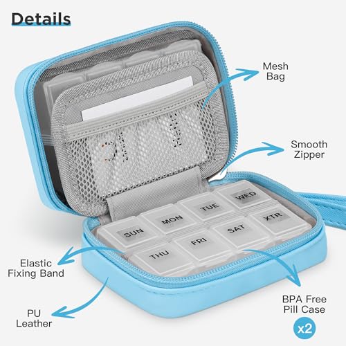 Image of Zannaki Cute Pill Organizer for Purse with Two Removable 7-Day Pill Box, Travel PU Leather Pill Case, Portable Weekly Pill Container with Storage Bag to Hold Vitamins, Fish Oils, Supplements (Blue)