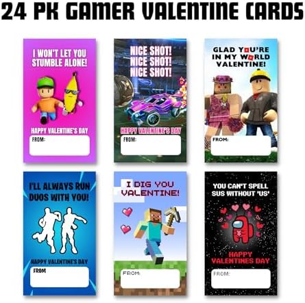 Lashicorn Valentine’s Day Gamer Cards | 24 Pack 2x3.5” Gamer Mine Among Rocket Squads Zero Build Stumble Blox Game Boys Girly Valentine Cards for School Exchange image 5