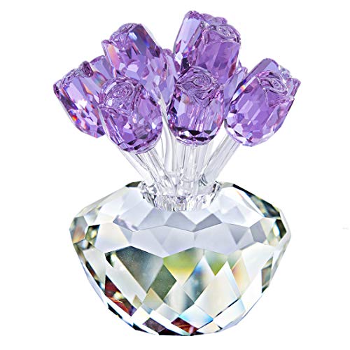 H&D Purple Crystal Rose Bouquet Flowers Crystal Figurines Collectibles Ornament Gifts