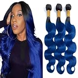 1B/Blue Human Hair Bundles Blue Body Wave Bundles 18 20 22 inch Double Weft Brazilian Virgin Remy Hair Extensions Ombre Human Hair Bundles Two Tone Black Roots To Blue Bundles Human Hair Weave