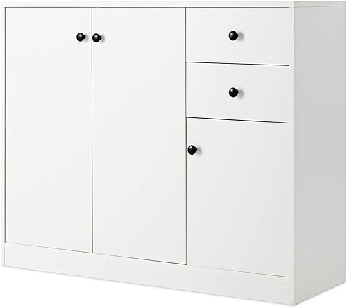 Armario de almacenamiento con cajones, aparador blanco con puertas y estantes ajustables, gabinete de acento moderno, gabinete de piso grande para