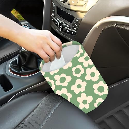 Image of Car Trash Bag Vintage Green Groovy Flowers Waterproof Trash Small Car Can Portable Collapsible Car Garbage Can Hanging for Back Seat Floor or Hanging Headrest Car Decor Road Trip Essentials