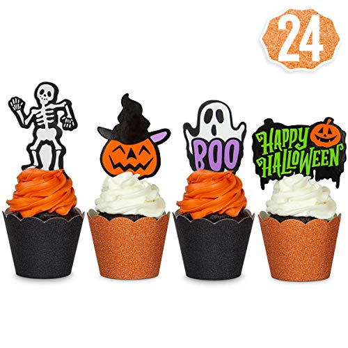 xo, Fetti Halloween Decorations Cupcake Toppers + Wrappers - set of 24 | Happy Halloween, Skeletons, Ghosts, Pumpkins + More