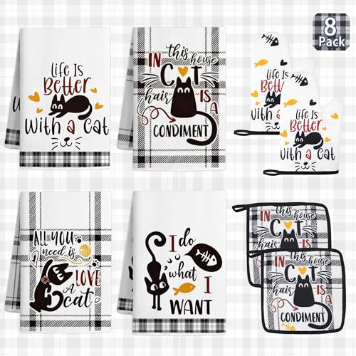 Vetoxka 8 PCS Black Cat Decor Kitchen Decor and Accessories - 4 Dish Towels Set 2 Oven Mitts and Pot Holders Sets for Cat Lover Cooking Baking Cute Kitty Kitten Plaid Lightweight