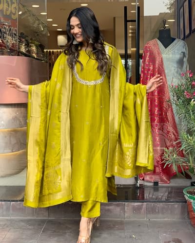Image of GoSriKi Women's Silk Blend Straight Embroidered Kurta with Pant & Dupatta