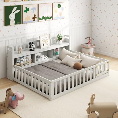 Image of Aoowow Full Size Montessori Floor Bed, Kids Full Bed Frame with Bedside Bookcase and Doors, Wood Floor Playhouse with Guardrail for Boys Girls, White