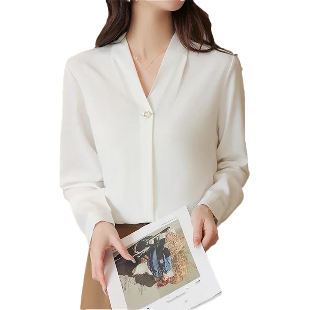 Camicia da donna in chiffon, con scollo a V, a maniche lunghe, stile vintage