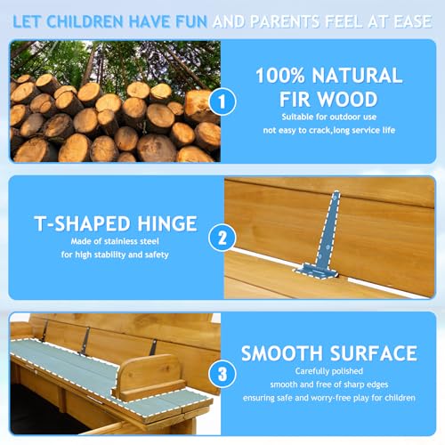 Kids Sandbox with Lid, Wooden Sand Box with Cover Outdoor, UV-Protection & Natural Wood, Foldable Bench Seat, Adjustable Canopy, Sand Box for Kids Ages 2-8（47x47in） - Thumbnail 5