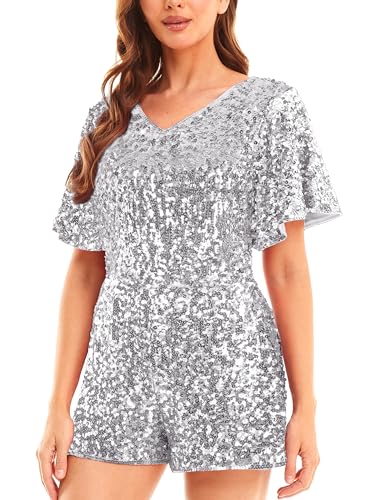MANER Womens Sequin Romper Sparkly Short Jumpsuit Party Concert Outfit With Flutter Sleeve (Silver Grey Large)