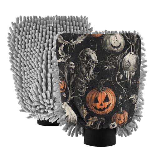 ALAZA Halloween Pumpkin Skull Scary Car Wash Mitt Scratch Free, 2 Pack Absorbent Microfiber/Chenille Washing & Drying Mitts, M