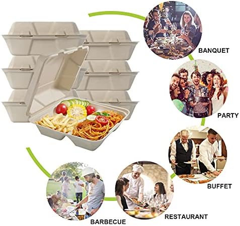 CVIUYO 20Pack Flip-Top Bagasse 3 Compartment Takeout Container, Heavy Duty Eco-Friendly Takeout Box, All Natural 100% Compostable Organic Takeout Burger Box (8" x 8" x 3")