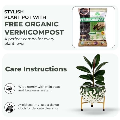 Image of Natural Earth Metal Flower Vase Planter Pot with Iron Stand | Decorative Plant Cachepot for Indoor & Outdoor Use | Succulent Pot for Home & Garden Decor (Apple Green)