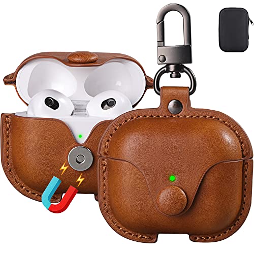 Airpods 3 Case Leather, Maxjoy For Airpods 3Rd Case Cover 2021 Airpod Gen 3 Protective Cover With Keychain Compatible With Apple Airpods Generation 3Rd 2021 (Front Led Visible), Brown #TOP23