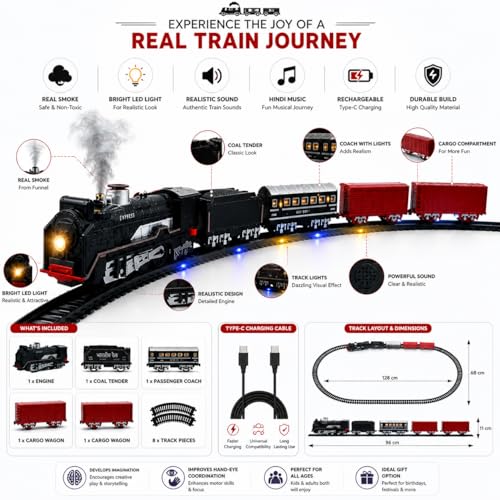 Image of Big Rail Gadi Railway Train Set for Boys | Rechargeable Electric Steam Engine with Multiple Coaches | Smoke, Sound & LED Light Effects Track Toy