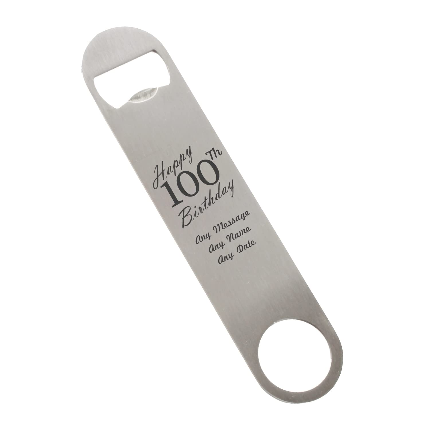Personalised Engraved Large Stainless Steel Bar Blade, Durable Bottle Opener, Happy 100th Birthday Design, Birthday Gift, Gift for Him, Birthday, Home Bar Accessory, Engraved in The UK