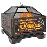 Hykolity 26 Inch Outdoor Fire Pit, Square Extra Deep Wood Burning Firepits with Fire Poker, Large Bonfire with Cooking Grate for Outside, Patio, Backyard