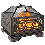 Hykolity 26 Inch Outdoor Fire Pit, Square Extra Deep Wood Burning Firepits with Fire Poker, Large Bonfire with Cooking Grate for Outside, Patio, Backyard