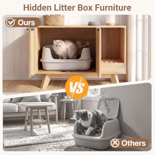 Image of Seang Cat Litter Box Enclosure with Litter Collector,Fluted Hidden Litter Box Furniture with Scratch Pad,31 inch Wooden Cat Cabinet,Cat House,TV Stand,Side Table for Living Room,Natural
