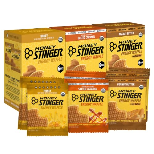 Image of Honey Stinger Organic Energy Waffle Classic Original Flavors Variety Pack of 18, 6 Pack Each of Honey, Salted Caramel, Peanut Butter, Nutritious Stroopwafel Snack for Performance, Cycling, Running
