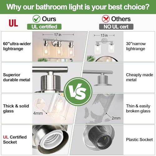Image of Zarbitta 3-Light Bathroom Light Fixtures, Brushed Nickel Vanity Light, Farmhouse Wall Lights with Clear Glass Shade, Bathroom Wall Lamp for Mirror Kitchen Bedroom Hallway Living Room Hallway Cabinet