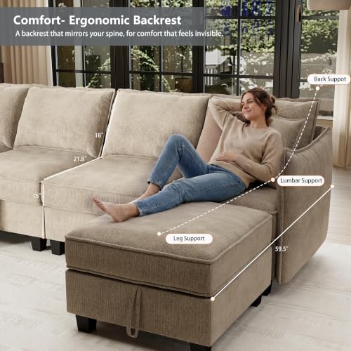 Image of Ihanherry 85.8 inch Modular Sectional L-Shaped Sofa, Modern 4-Seat Cloud Couch with Storage Ottoman, Soft Chenille Fabric Sectional Set for Living Room Bedroom Apartment, Brown
