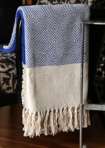 RAJRANG BRINGING RAJASTHAN TO YOU Manta de Lanzamiento Azul con algodón Decorativo de algodón rústico Geométricos Tejidos Suaves y acogedores Mantas Boho - 50 x 60 Pulgadas