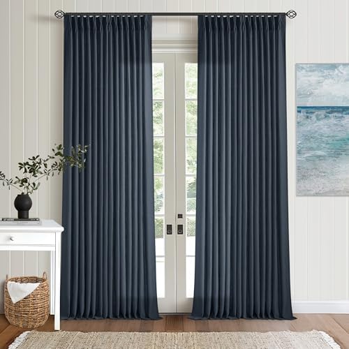 Navy 90 Inch Linen Curtains Pinch Pleated for Living Room Bedroom Dining Boho Modern Light Filtering Pinch Pleat Drapes Hooks Rings Back Tab Semi Sheer Dark Blue Indigo Window Curtains 2 Panels
